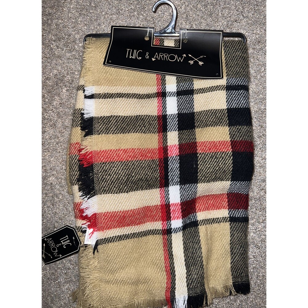 Twig Plaid Tan Red Black Scarf Blanket Neck Scarf 100% Acrylic Wrap Shawl